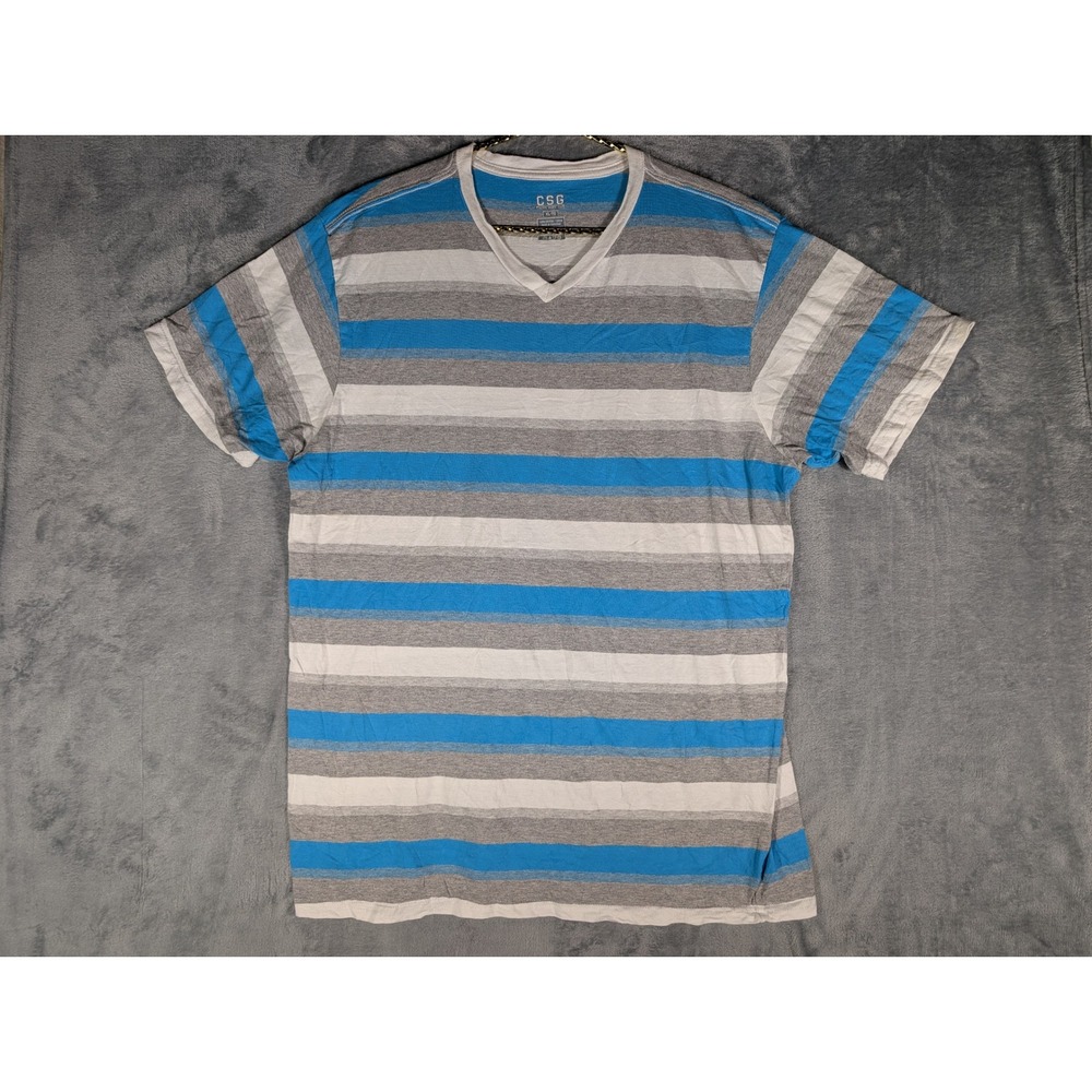 CSG Champs Sports Gear Mens Extra Large Blue Gray White Stripe V Neck T Shirt
